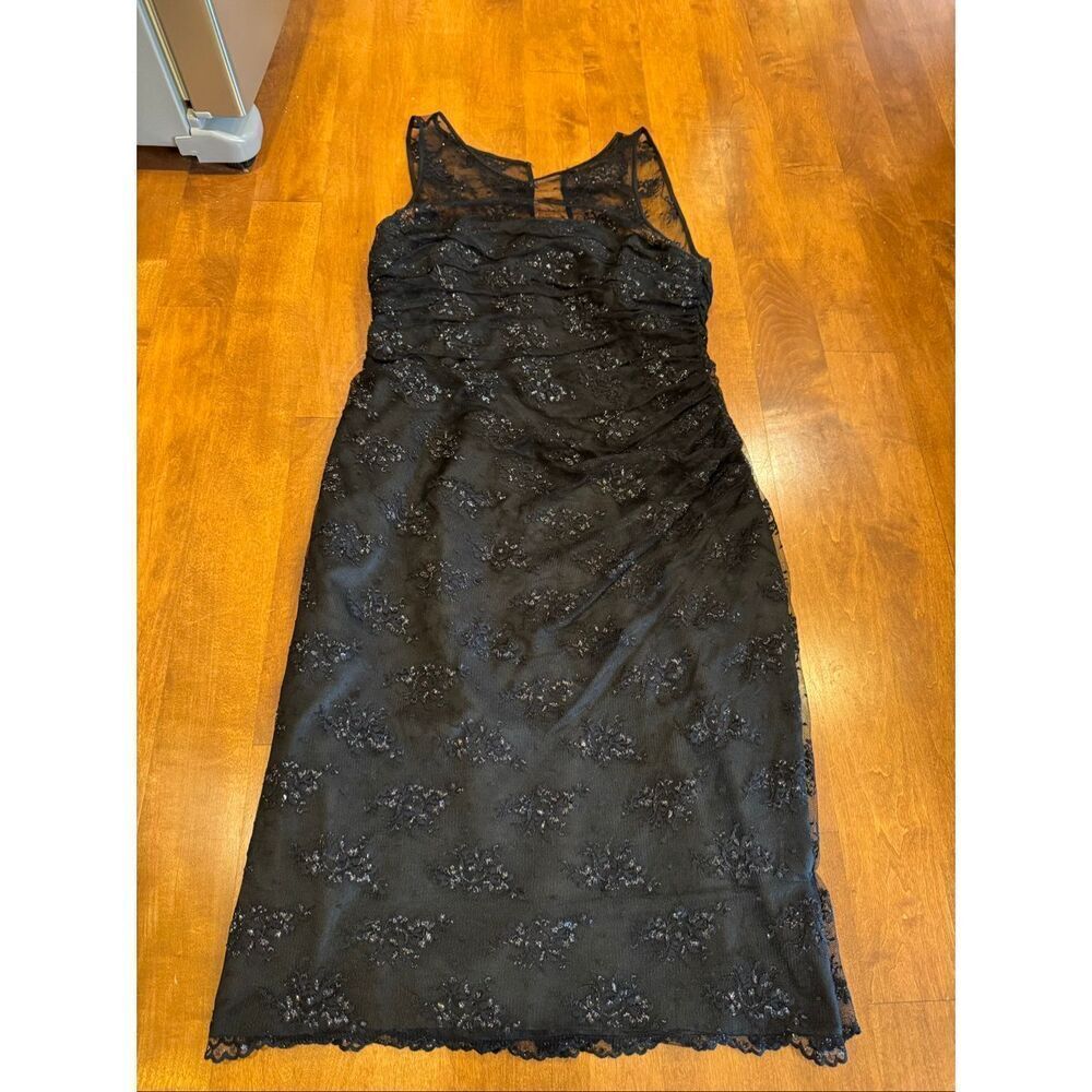 Lauren Ralph Lauren Black Lace Cocktail Dress Size 12 Sleeveless Ruched Sheath F